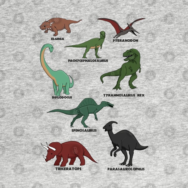 Dinosaur sheet with multiple cartoon drawings and labels by Kyttsy Krafts